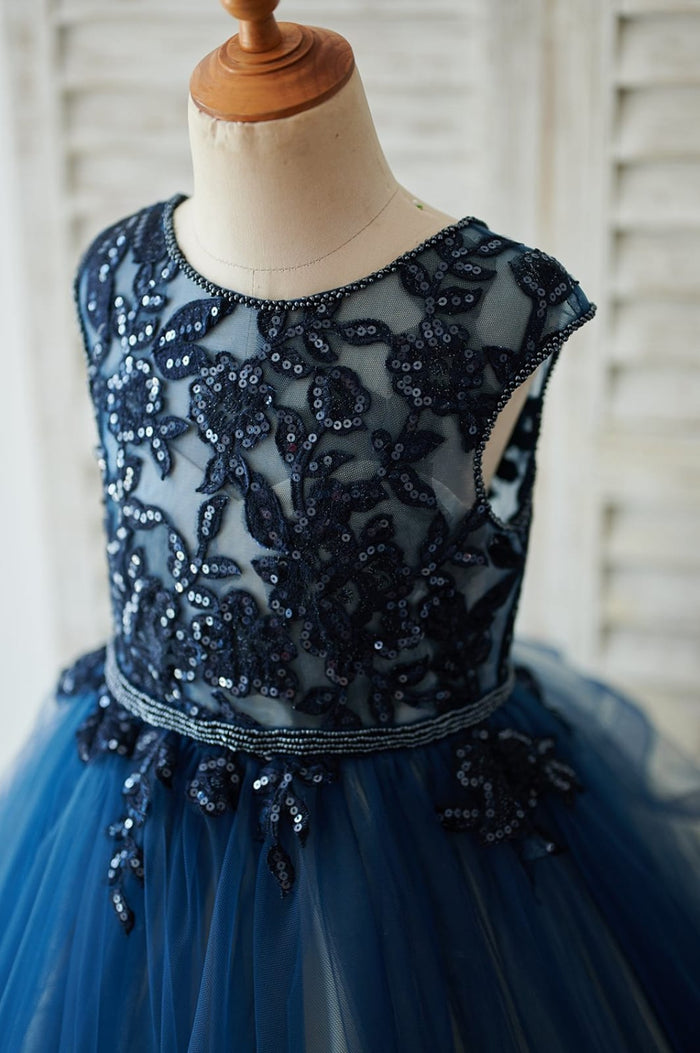 Navy Blue Tulle Organza V Back Wedding Flower Girl Dress