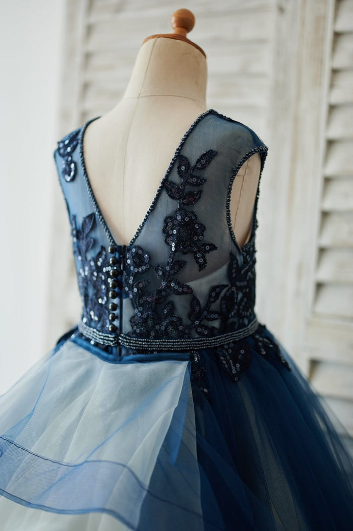 Navy Blue Tulle Organza V Back Wedding Flower Girl Dress