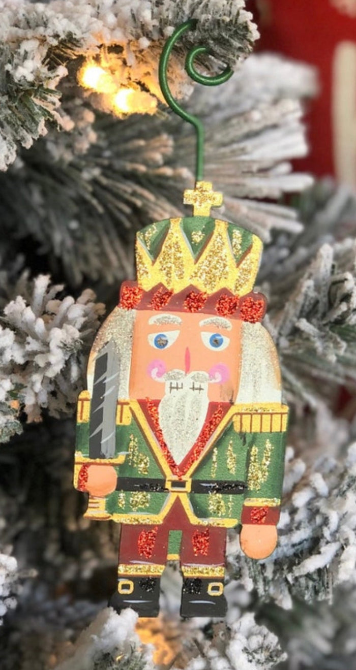 Nutcracker Soldier Christmas Metal Ornament in Red Green and Gold