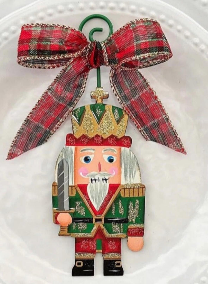 Nutcracker Soldier Christmas Metal Ornament in Red Green and Gold