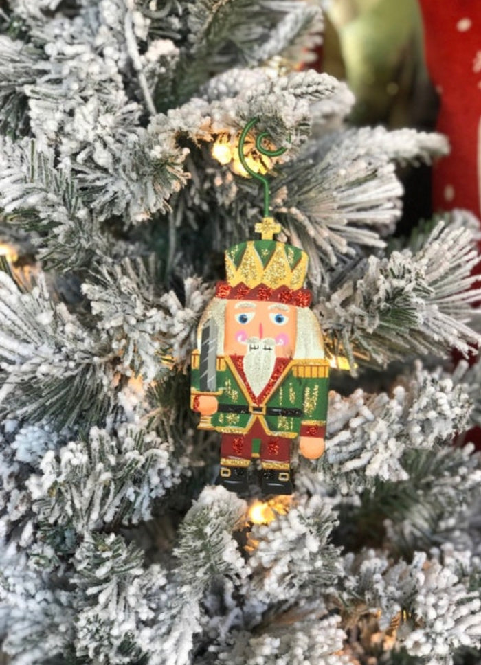 Nutcracker Soldier Christmas Metal Ornament in Red Green and Gold