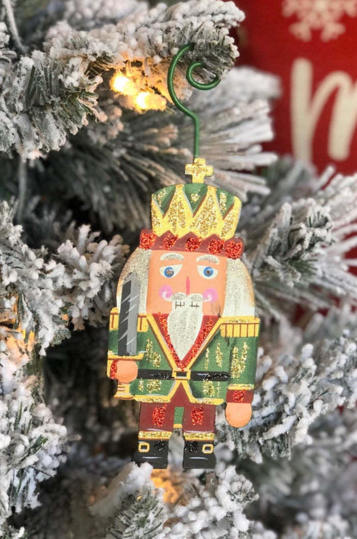 Nutcracker Soldier Christmas Metal Ornament in Red Green and Gold