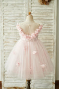 Off Shoulder Pink Tulle Feathers Wedding Party Flower Girl