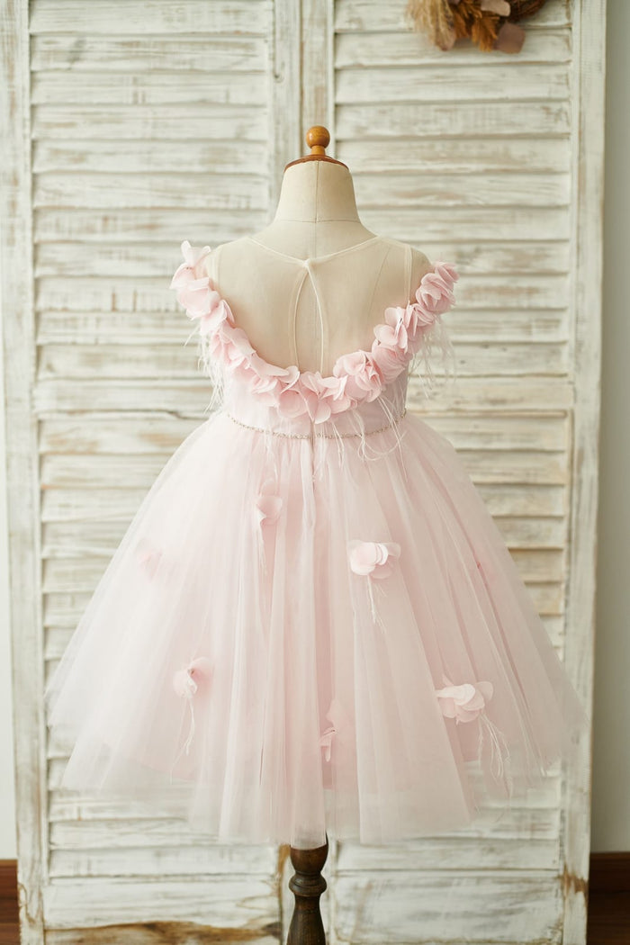 Off Shoulder Pink Tulle Feathers Wedding Party Flower Girl