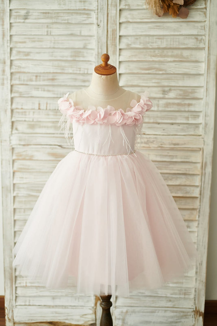 Off Shoulder Pink Tulle Feathers Wedding Party Flower Girl