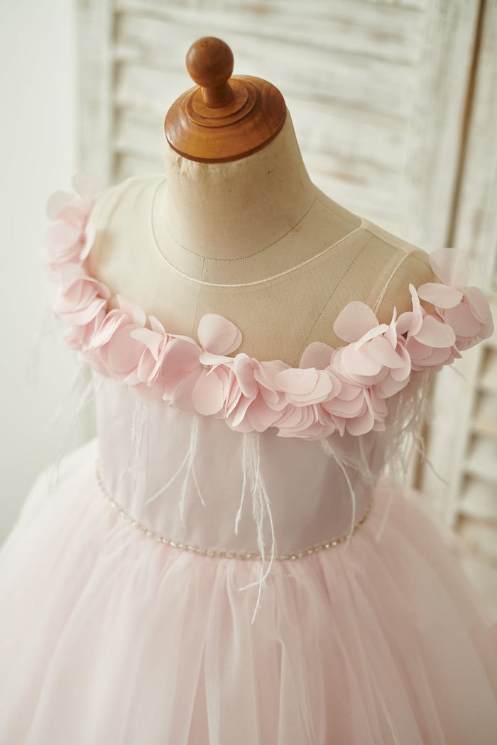 Off Shoulder Pink Tulle Feathers Wedding Party Flower Girl