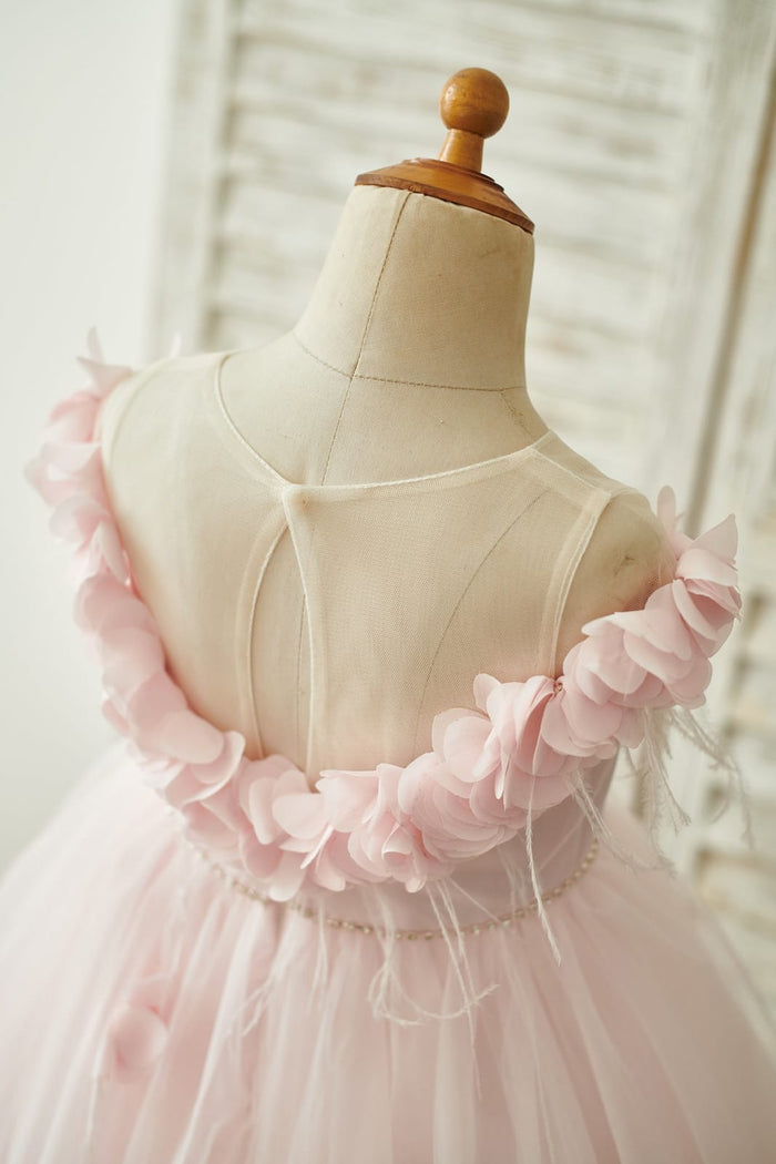 Off Shoulder Pink Tulle Feathers Wedding Party Flower Girl