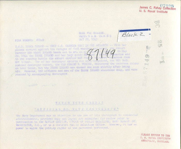 Official Navy Photo of WWII era USS Block Island (CVE-21) Aircraft Carrier - Annapolis Maritime Antiques