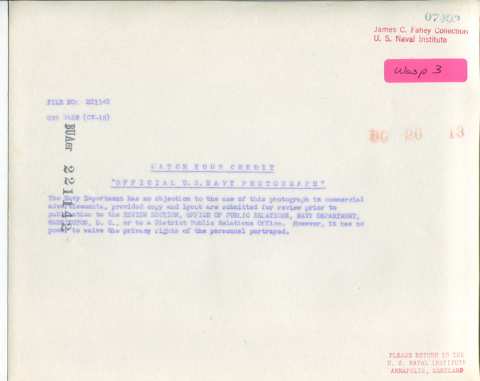 Official Navy Photo of WWII era USS Wasp (CV-18) Aircraft Carrier - Annapolis Maritime Antiques
