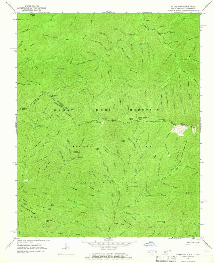 Old Map of Great Smoky Mountains, Tennessee by USGS, 1964 – Silers Bald, Clingmans Dome & Gatlinburg