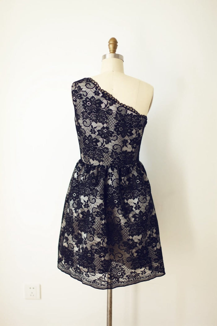One Shoulder Black Lace Short Knee Length Wedding Bridesmaid