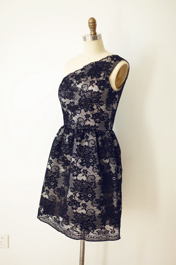 One Shoulder Black Lace Short Knee Length Wedding Bridesmaid