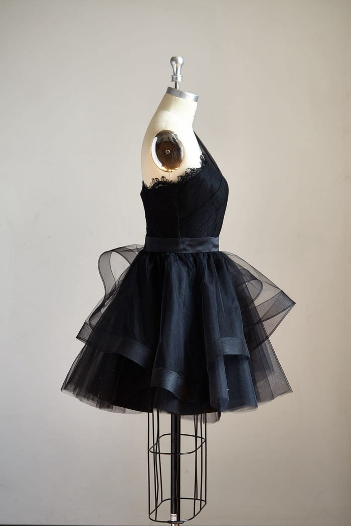One Shoulder Black Lace Tulle Short Knee Prom Dress Cocktail