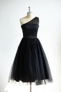 One Shoulder Black Polk Dot Tulle Short Tea Length Prom