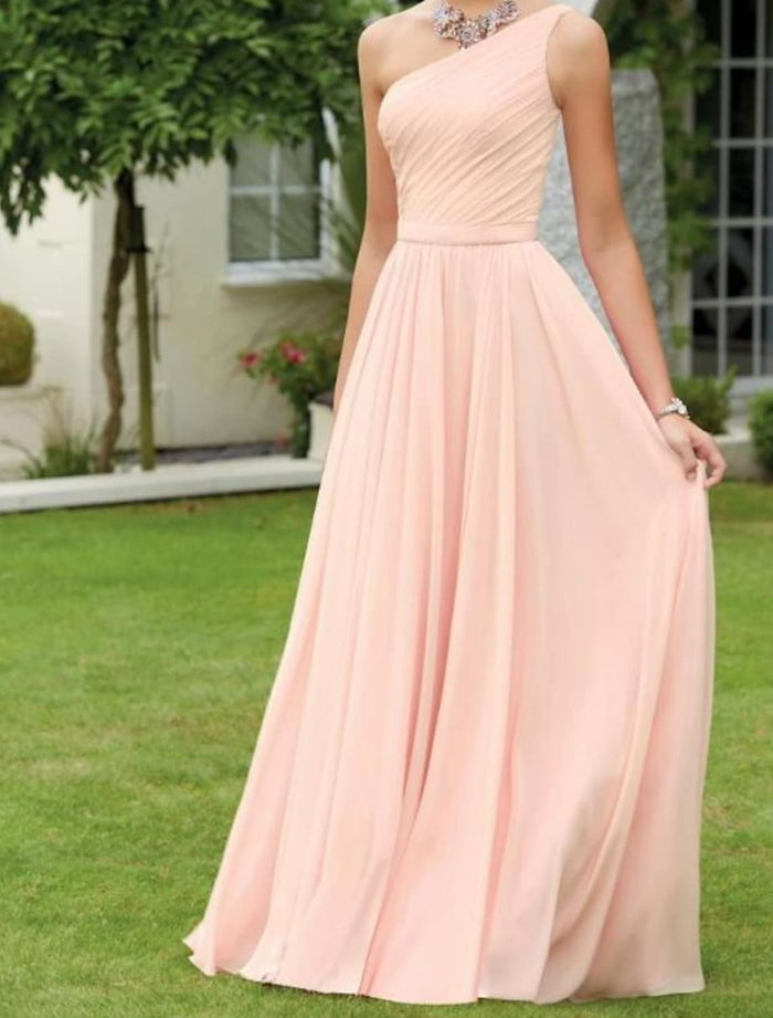 One Shoulder Sleeveless A-line Floor Length Chiffon