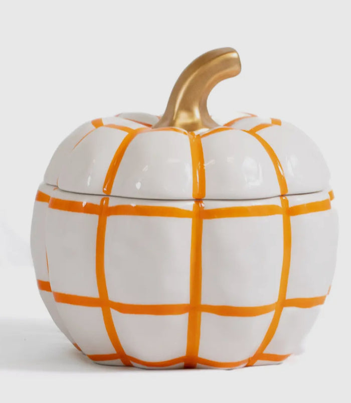 Orange & White Pumpkin Check Candy Dish with Gold Stem