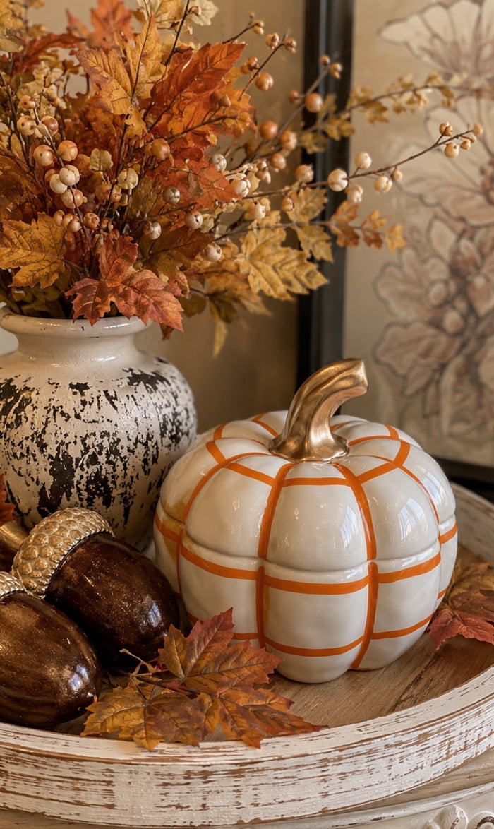 Orange & White Pumpkin Check Candy Dish with Gold Stem