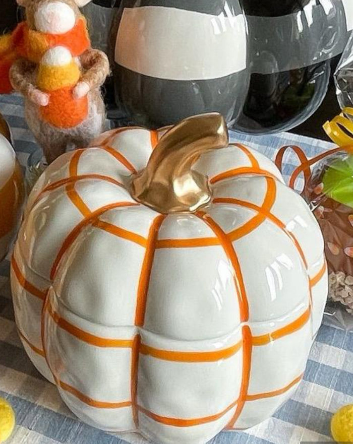 Orange & White Pumpkin Check Candy Dish with Gold Stem