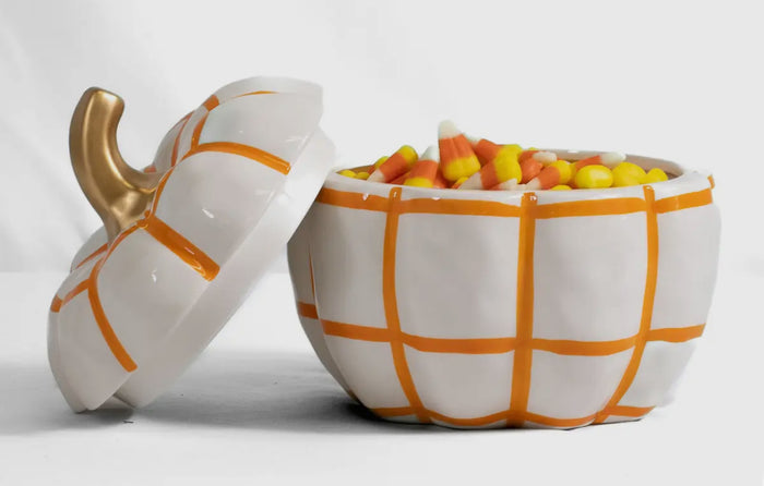 Orange & White Pumpkin Check Candy Dish with Gold Stem