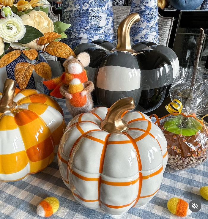 Orange & White Pumpkin Check Candy Dish with Gold Stem