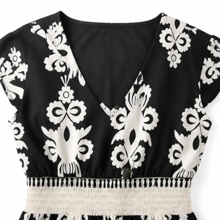 Osyrel – Women's Damask Print Midi Dress with V-Neck