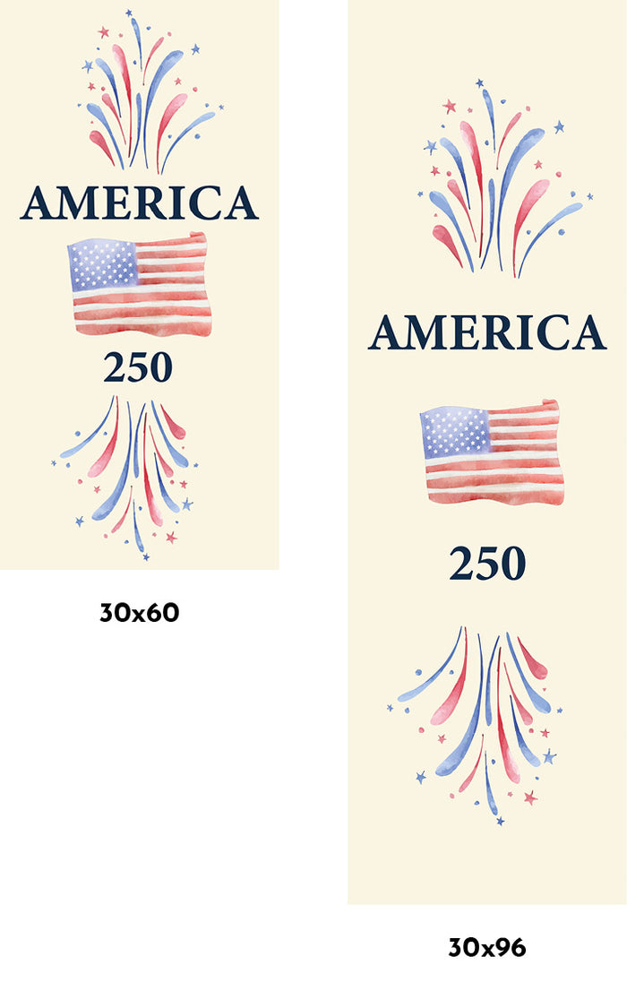 Two vertical banners with American flags and fireworks, featuring text and dimensions on a beige background.