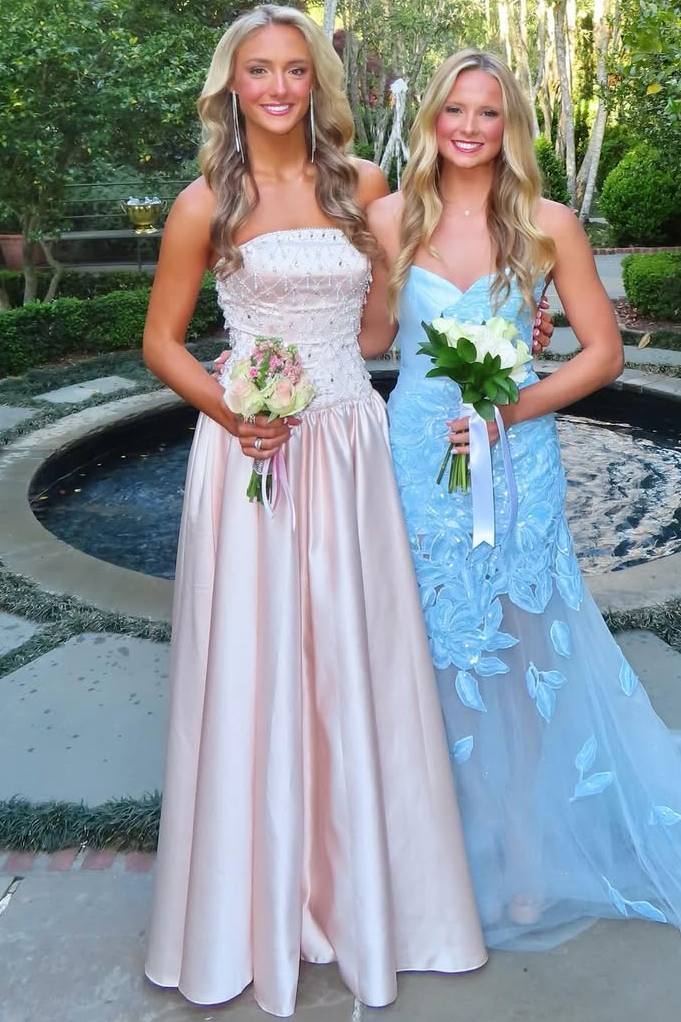 Elegant Pink A-Line Strapless Beaded Empire-Waist Pleated Prom Dress