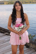 Pink A-Line Strapless Sequins Short Layered Homecoming Dress