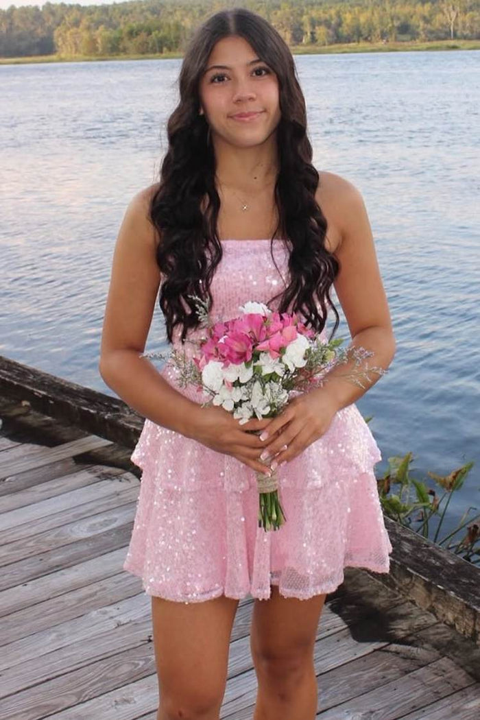 Pink A-Line Strapless Sequins Short Layered Homecoming Dress