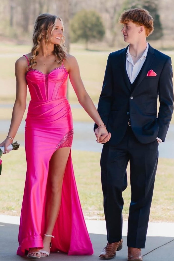 Pink Spaghetti Straps Beads Keyhole Pleats Long Prom Dress with Slit