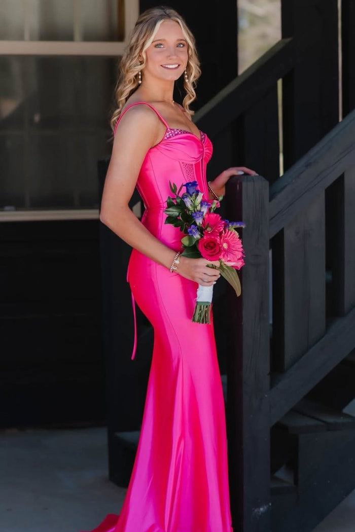 Pink Spaghetti Straps Beads Keyhole Pleats Long Prom Dress with Slit