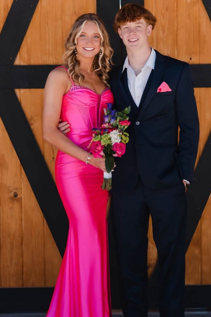 Pink Spaghetti Straps Beads Keyhole Pleats Long Prom Dress with Slit