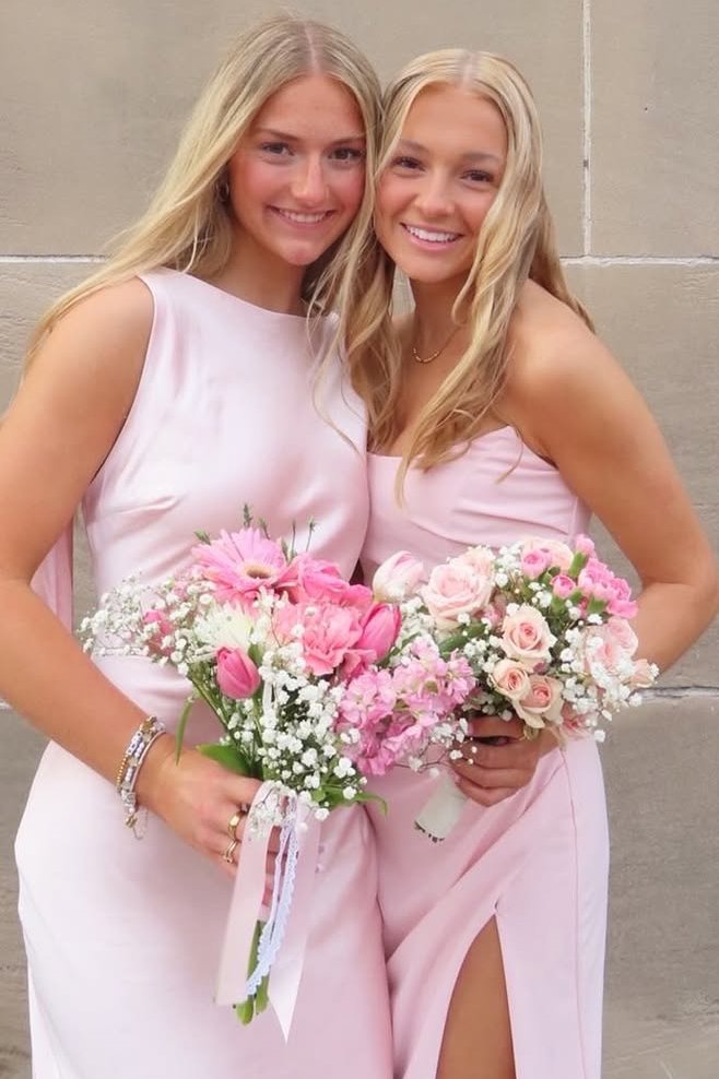 Pink Strapless Pleats Scoop Neck Satin Long Prom Dress with Slit