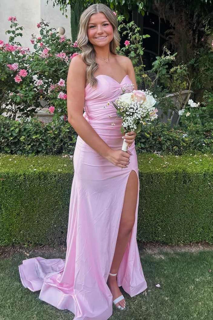 Pink Strapless Pleats Sleeveless Satin High Slit Dress with Bow