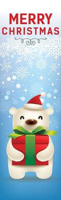 A banner featuring a polar bear wearing a Santa hat and holding a red gift box. The banner has the text "Merry Christmas" displayed on the top.