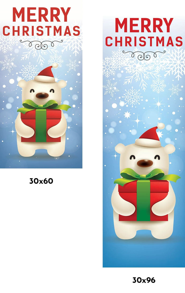 A banner featuring a polar bear wearing a Santa hat and holding a red gift box. The banner has the text "Merry Christmas" displayed on the top.