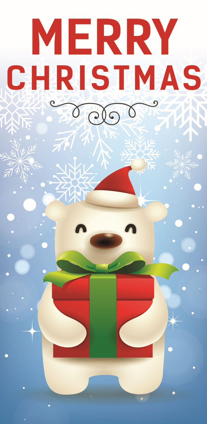 A banner featuring a polar bear wearing a Santa hat and holding a red gift box. The banner has the text "Merry Christmas" displayed on the top.