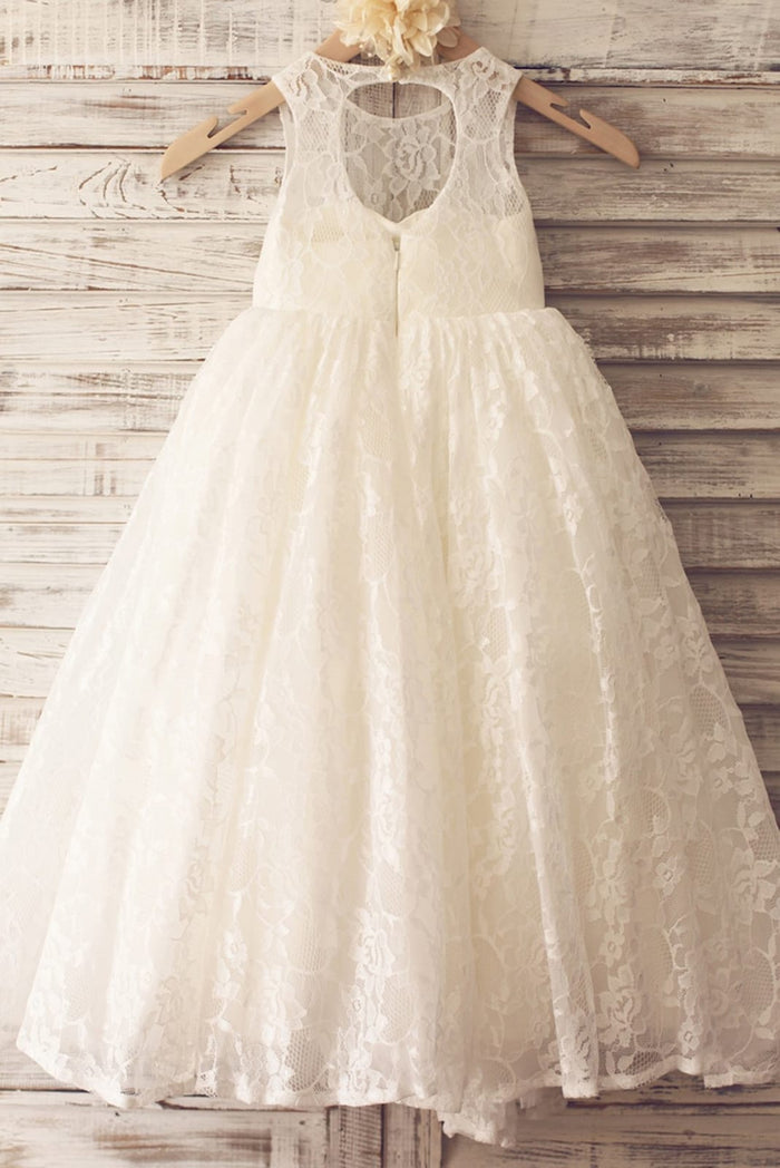 Princess Ivory Lace Keyhole Back Floor Length Wedding Flower