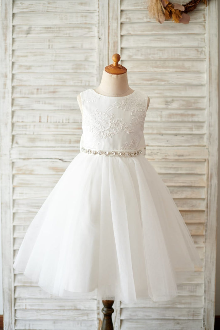 Princess V Back Ivory Lace Tulle Wedding Flower Girl Dress