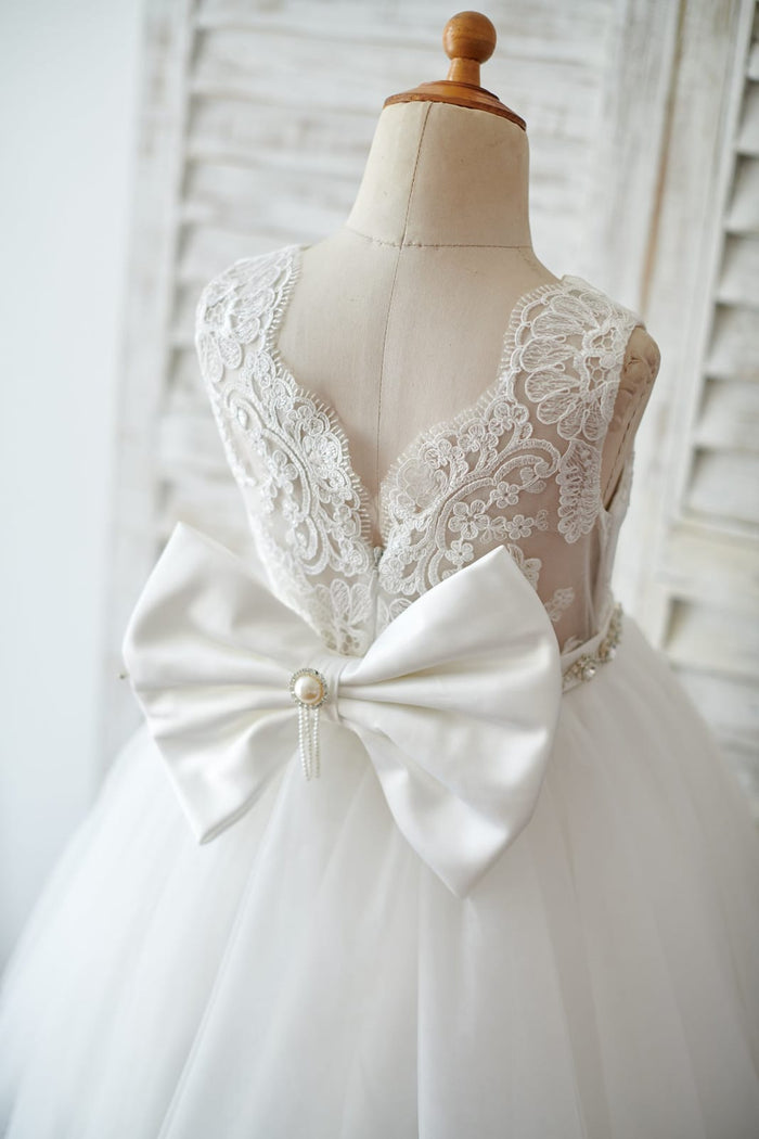 Princess V Back Ivory Lace Tulle Wedding Flower Girl Dress