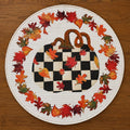 Pumpkin Round Bamboo Rug Black and White Checkered Pattern with Fall Leaves Border