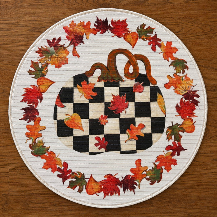 Pumpkin Round Bamboo Rug Black and White Checkered Pattern with Fall Leaves Border