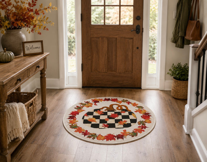 Pumpkin Round Bamboo Rug Black and White Checkered Pattern with Fall Leaves Border