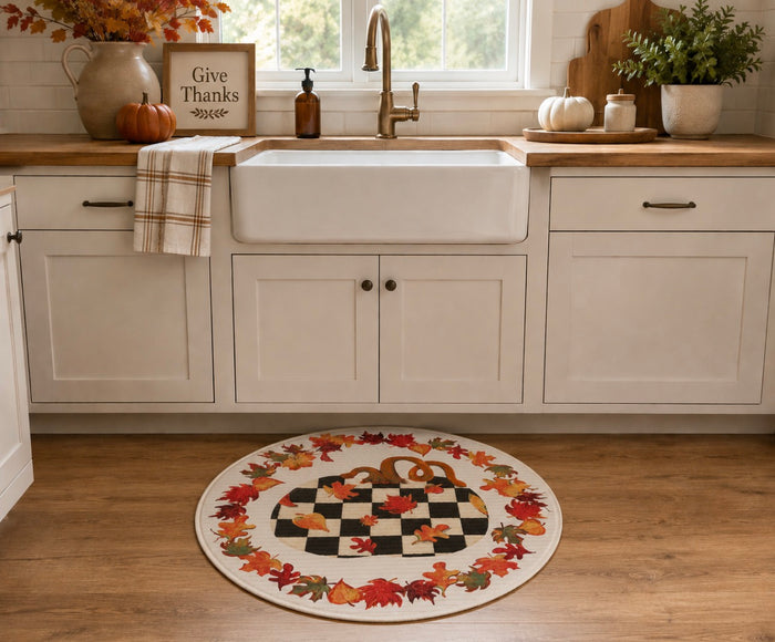 Pumpkin Round Bamboo Rug Black and White Checkered Pattern with Fall Leaves Border
