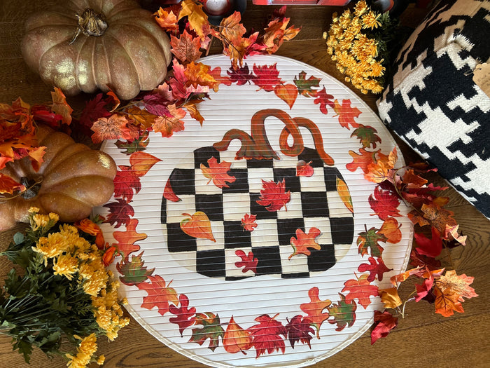 Pumpkin Round Bamboo Rug Black and White Checkered Pattern with Fall Leaves Border