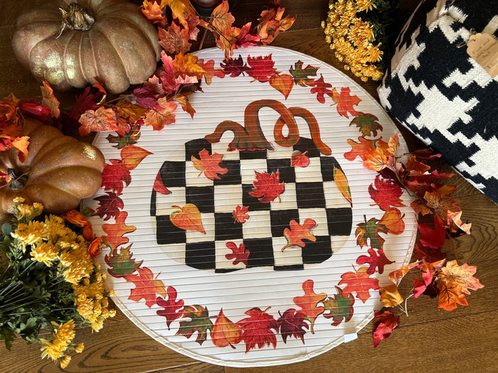 Pumpkin Round Bamboo Rug Black and White Checkered Pattern with Fall Leaves Border