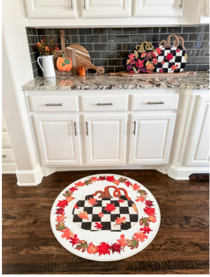 Pumpkin Round Bamboo Rug Black and White Checkered Pattern with Fall Leaves Border