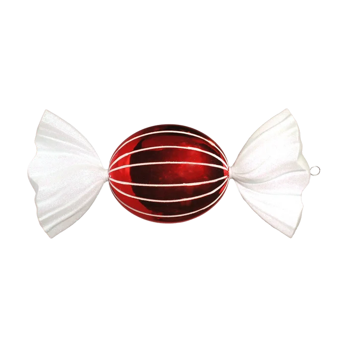 Red and white oval jumbo candy ornament featuring a glossy red center with white glitter stripes and glittered white wrapper ends.