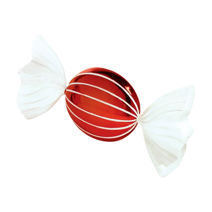 Red and white oval jumbo candy ornament featuring a glossy red center with white glitter stripes and glittered white wrapper ends.
