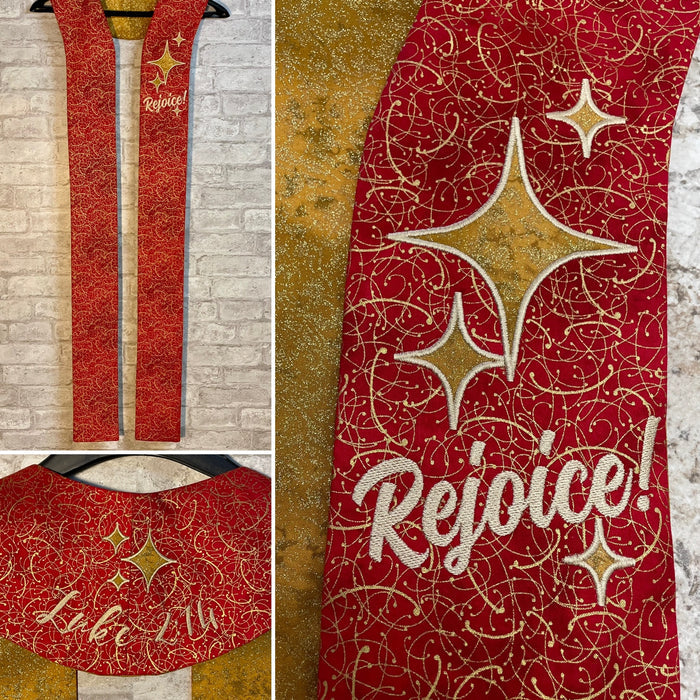 "Rejoice" Pastor Stole - Red with Gold Swirls